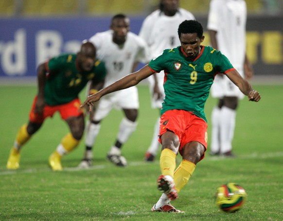 Cameroon&#039;s Samuel Eto&#039;o scores on a penalty kick during Cameroon&#039;s African Cup of Nations soccer match against Zaire in Kumasi, Ghana, Saturday, Jan. 26, 2008. Cameroon bested Zaire 5-1 ...