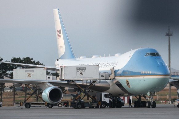 ANKARA, TURKEY - JULY 08: Air Force One sits on the tarmac with an airport catering container adjacent to the body of the aircraft on July 08, 2026 in Ankara, Turkey. Reports indicate that U.S Preside ...