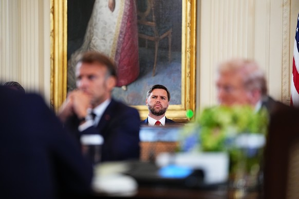 epa12308682 United States Vice President JD Vance looks on during a Multilateral Meeting with European Leaders in the East Room of the White House in Washington, DC, USA, 18 August 2025. European Lead ...