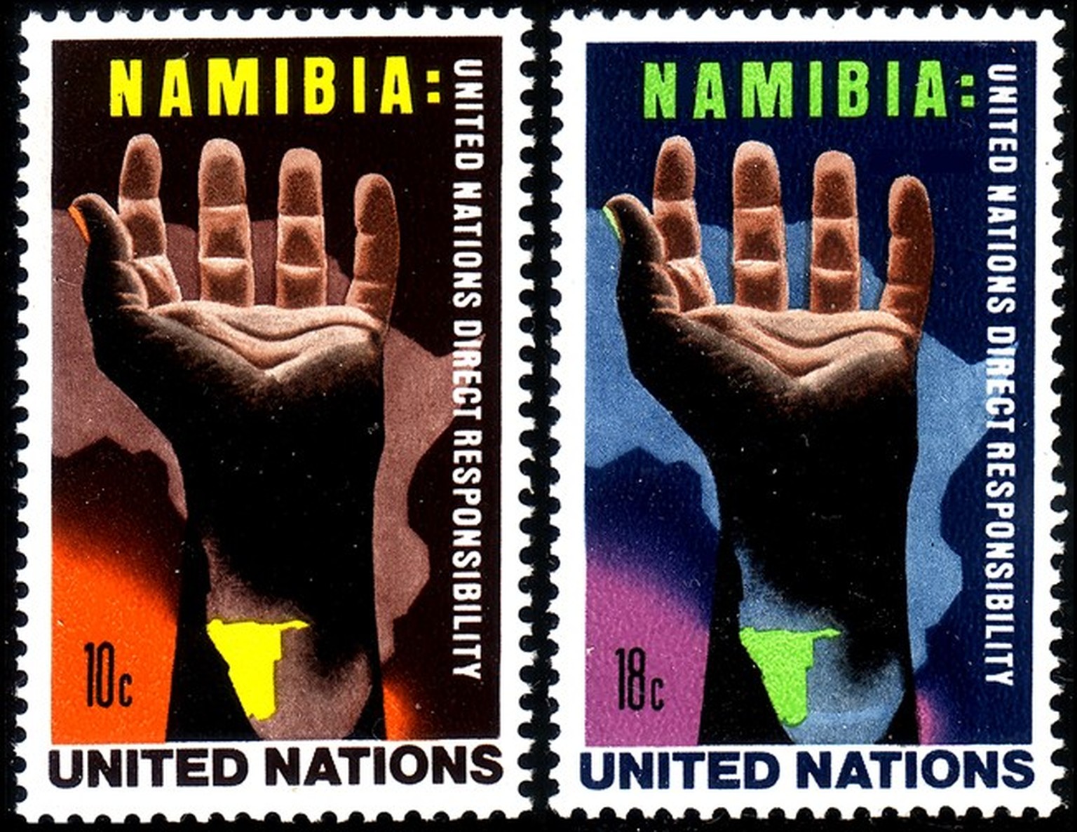Timbres de 1975 de l'ONU revendiquant l'indépendance de la Namibie.
