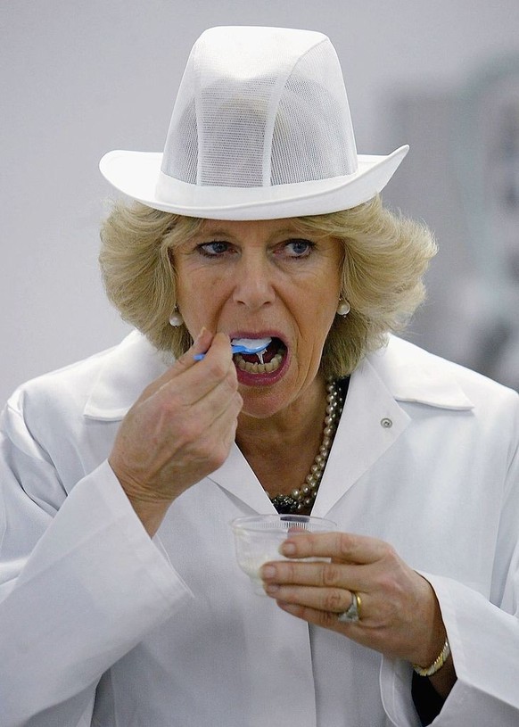 RAYWELL, ENGLAND - FEBRUARY 7: (NO PUBLICATION IN UK MEDIA FOR 28 DAYS) Camilla, Duchess of Cornwall tastes ice cream as she is shown around the Lowna Dairy on February 7, 2006 in Raywell, East Yorksh ...