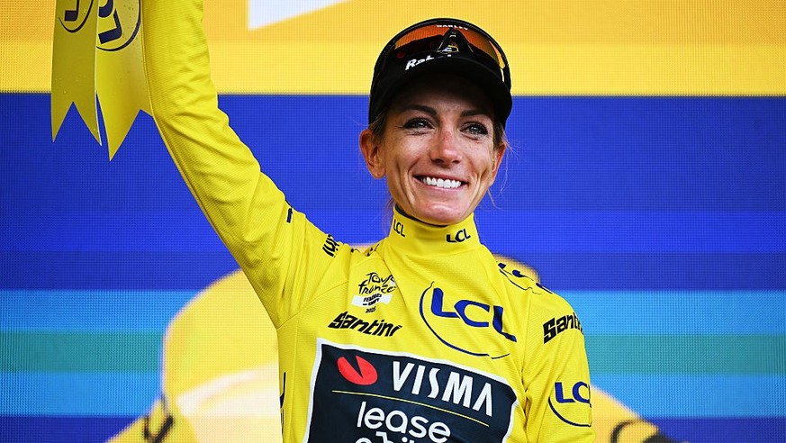 SAINT-FRANCOIS LONGCHAMP, FRANCE - AUGUST 02: Pauline Ferrand-Prevot of France and Team Visma | Lease a Bike celebrates at podium as Yellow leader jersey winner during the 4th Tour de France Femmes 20 ...