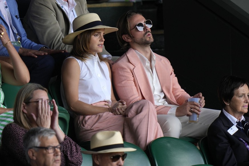Actor Emma Watson sits on Centre Court for the final of the men&#039;s singles between Spain&#039;s Carlos Alcaraz and Serbia&#039;s Novak Djokovic on day fourteen of the Wimbledon tennis championship ...