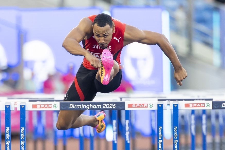 Jason Joseph of Switzerland in action during the men's 110 meters hurdles semi-final at the European Athletics Championships, in the Alexander Stadium, Birmingham, United Kingdom, Wednesday, Augu ...