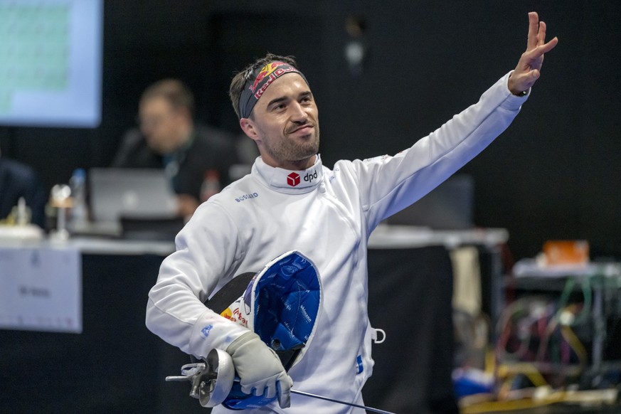Switzerland's Max Heinzer after his last competition after the round of 32 of the Epee Men's Senior Individual competition of the Fencing Euro 2024 in Basel, Switzerland, on Thursday, June 2 ...