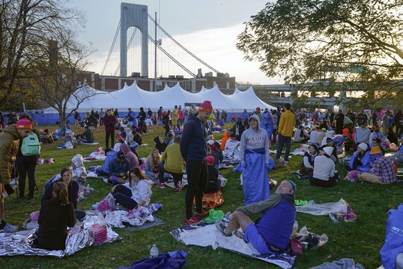Runners gather before the start of the New York City Marathon in the Staten Island borough of New York, Sunday, Nov. 5, 2023. (AP Photo/Seth Wenig)