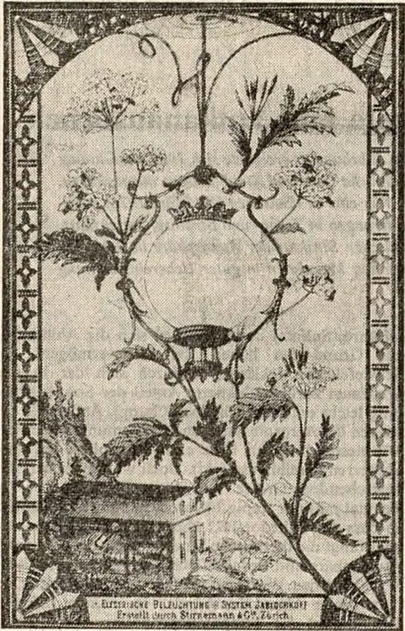 Prospectus de l’hôtel Kulm St. Moritz datant de 1882, représentant une lampe à arc et la première centrale hydroélectrique de la Suisse.
https://www.e-newspaperarchives.ch/?a=d&amp;d=NZZ19781220-01.2. ...