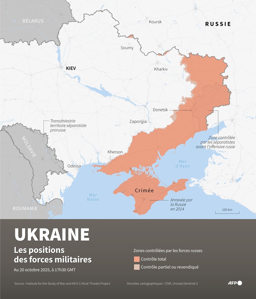 Carte des zones contrôlées par les forces russes en Ukraine, au 20 octobre 2025.