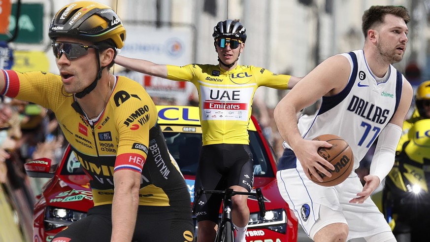 epa10516987 Slovenian rider Tadej Pogacar of UAE Team Emirates celebrates while crossing the finish line to win the Paris-Nice cycling race after the eighth stage of the Paris-Nice cycling race over 1 ...