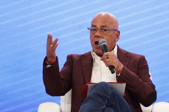 epa12440496 The president of Venezuela&#039;s National Assembly, Jorge Rodriguez, speaks during the National Council for Sovereignty and Peace in Caracas, Venezuela, 08 October 2025. Rodriguez said th ...