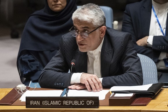 Iran&#039;s U.N. Ambassador, Amir Saeid Iravani, addresses the United Nations Security Council chamber during an emergency meeting at U.N. headquarters, Sunday, April 14, 2024. (AP Photo/Yuki Iwamura) ...
