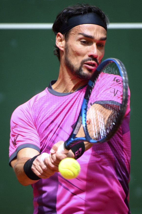 Fabio Fognini of Italy returns a ball to Laslo Djere of Serbia during their round of 16 (1/8 final) men&#039;s match, at the ATP 250 Geneva Open tournament in Geneva, Switzerland, Wednesday, May 19, 2 ...