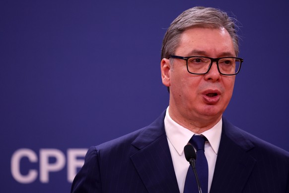 epa12554710 Serbian President Aleksandar Vucic attends a press conference with the president of the Democratic Republic of Congo after their meeting in Belgrade, Serbia, 28 November 2025. The presiden ...
