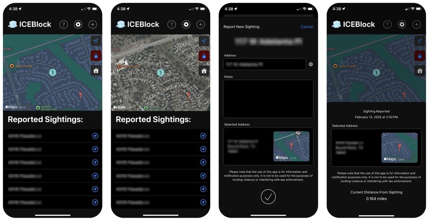Screenshots zur iPhone-App ICEBlock (Juli 2025)