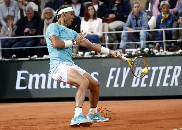 epa11373652 Rafael Nadal of Spain in action during his Men&#039;s Singles 1st round match against Alexander Zverev of Germany during the French Open Grand Slam tennis tournament at Roland Garros in Pa ...