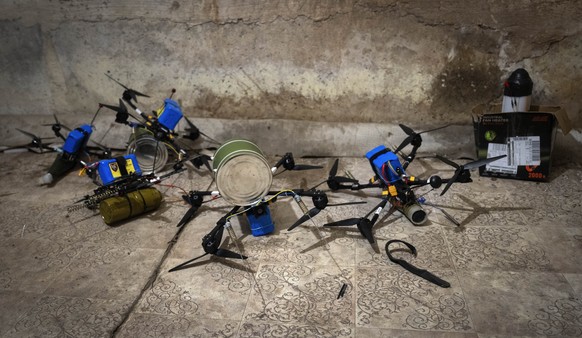 FPV drones ready to be launched are seen in a shelter of the 71st Jaeger Brigade at the frontline, near Avdiivka, Donetsk region, Ukraine, Friday, March 22, 2024. (AP Photo/Efrem Lukatsky)