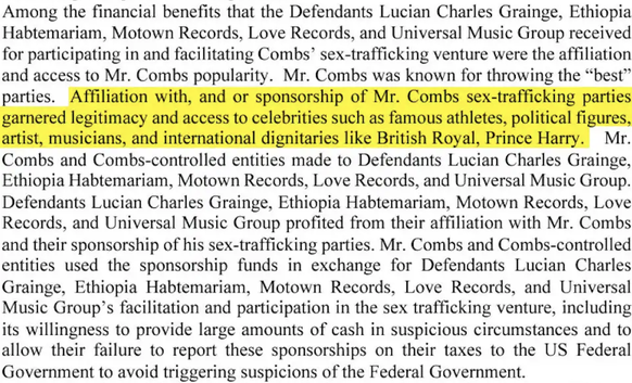 Le paragraphe souligne que Diddy utilisait son «accès à des célébrités telles que des athlètes connus, des personnalités politiques, des artistes, des musiciens et des dignitaires internationaux comme ...