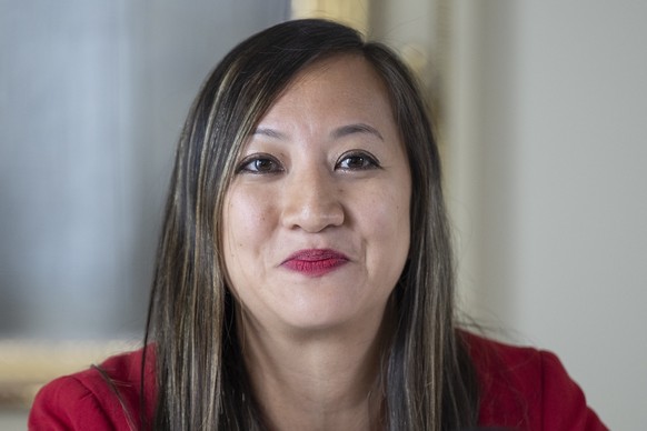 Thanh-My Tran-Nhu, Vizepraesidentin SP-VD, spricht zur Bundesratskandidatur von Nationalrat Roger Nordmann, SP-VD, fuer die Nachfolge des abtretenden Alain Berset bekannt, am Mittwoch, 4. Oktober 2023 ...