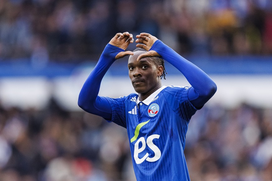 STRASBOURG, FRANCE - APRIL 27: Emmanuel Emegha of Strasbourg celebrates his goal during the France Ligue 1 match between RC Strasbourg Alsace and AS Saint-Etienne at Stade de la Meinau on April 27, 20 ...