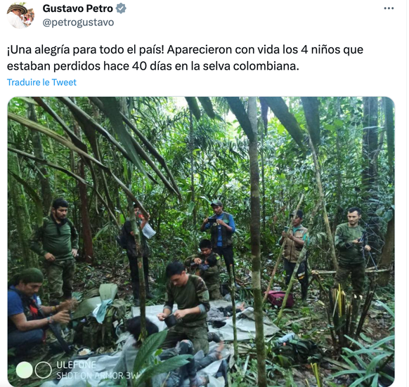 «Une joie pour tout le pays ! Les quatre enfants perdus il y a quarante jours dans la jungle colombienne ont été retrouvés vivants».