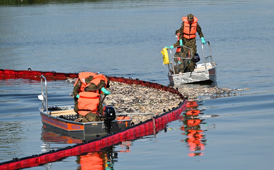 epa10120364 An action to clean the Oder River of dead fish using a flexible dam in Widuchowa, western Poland, 14 August 2022. The action involves soldiers of the 14th West Pomeranian Territorial Defen ...