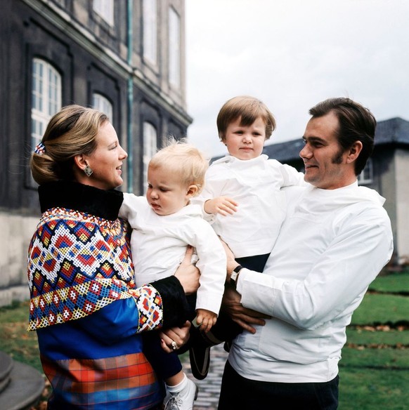 DENMARK - JANUARY 02: Queen MARGRETHE of Denmark, Prince HENRIK and their two children FREDERIK and JOACHIM (left) wearing the traditional Greenlandic outfit around 1970. (Photo by Keystone-France/Gam ...