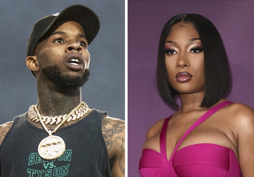 FILE - This combination photo shows Tory Lanez performing at the Festival d&#039;ete de Quebec, July 11, 2018, in Quebec City, Canada, left, and Megan Thee Stallion at the premiere of &quot;P-Valley,& ...