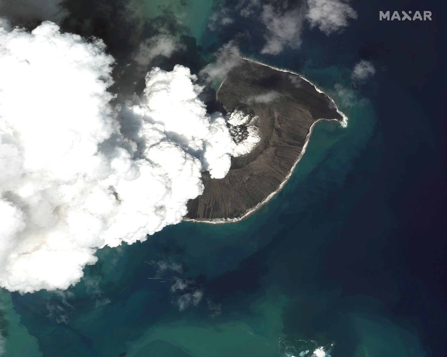 This satellite image provided by Maxar Technologies shows an overview of Hunga Tonga Hunga Ha���apai volcano in Tonga on Dec. 24, 2021. (Satellite image ��2022 Maxar Technologies via AP)