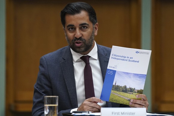 Scotland&#039;s First Minister Humza Yousaf attends the launch of a policy paper on citizenship in an independent Scotland, at the National Records Of Scotland in Edinburgh, Thursday July 27, 2023. (A ...