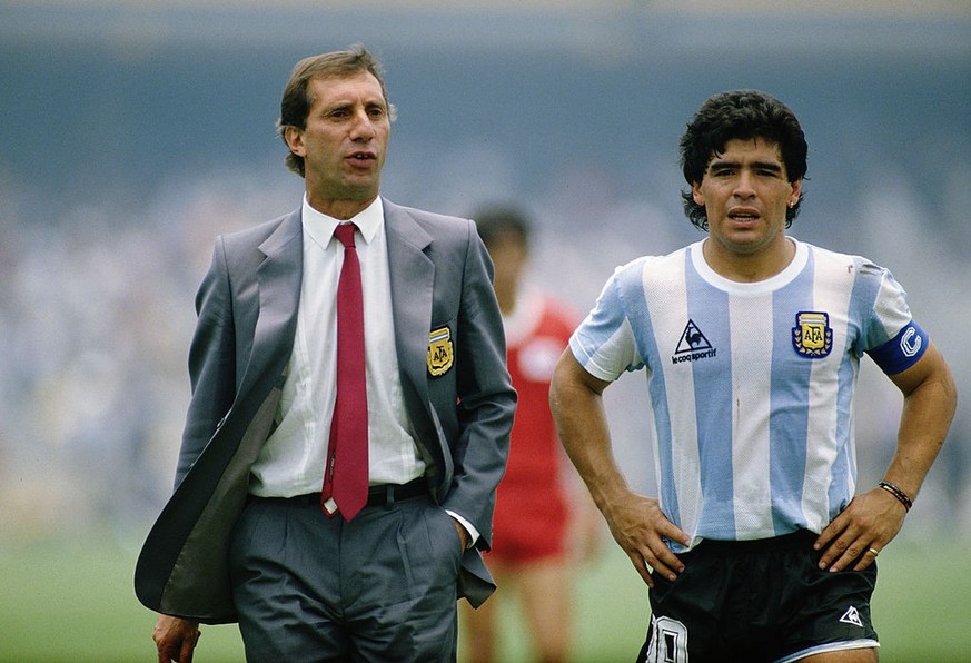 2 Jun 1986: Argentina Manager Carlos Bilardo and Diego Maradona stand together before the World Cup Finals match against South Korea played in Mexico City, Mexico. Argentina won the match 3-1. \ Manda ...