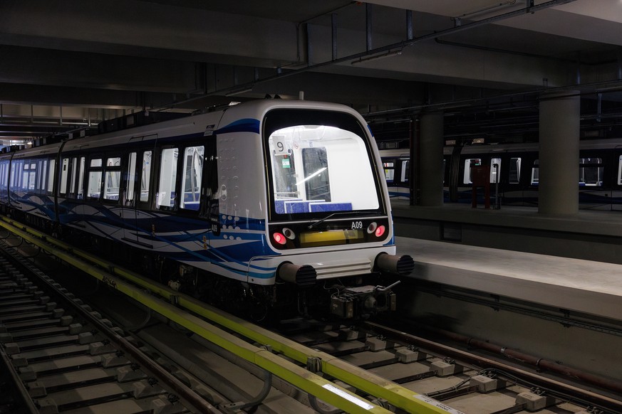 epa11735800 A metro train moves inside the Thessaloniki metro depot, before its official opening on November 30, in Thessaloniki, Greece, 15 November 2024 (issued 23 November 2024). The official openi ...