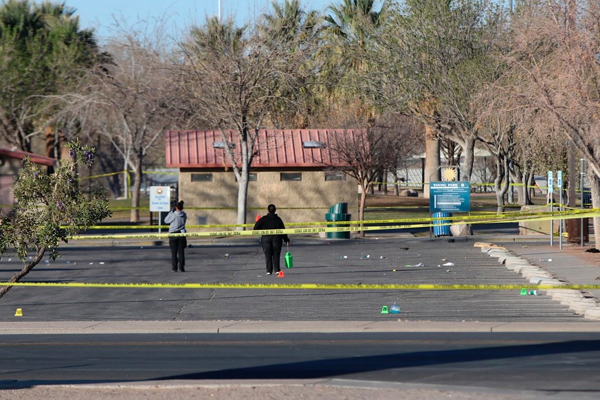 Crime scene technicians look over the Young Park parking lot after a mass shooting overnight, Saturday, March 22, 2025 in Las Cruces, N.M. (Justin Garcia/The Albuquerque Journal via AP)
New-Mexico-Sho ...