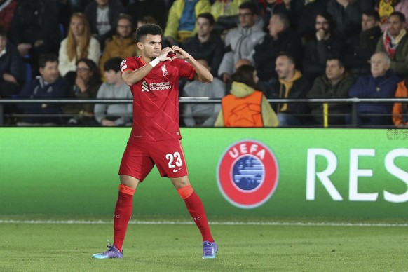Liverpool&#039;s Luis Diaz celebrates after scoring his side&#039;s second goal during the Champions League semi final, second leg soccer match between Villarreal and Liverpool at the Ceramica stadium ...