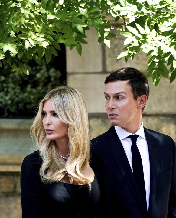 Ivanka Trump and Jared Kushner arrive for the funeral of Ivana Trump, Wednesday, July 20, 2022, in New York. Ivana Trump, the 1980s style icon and businesswoman who helped Donald Trump build the empir ...