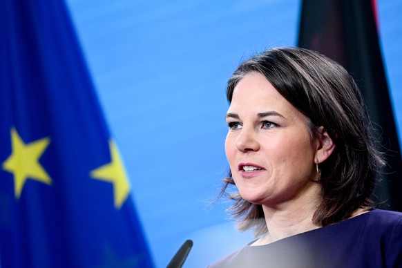 epa10396919 German Foreign Minister Annalena Baerbock speaks during a press conference at the Foreign Ministry in Berlin, Germany, 09 January 2023. Baerbock met Cypriot Foreign Minister Kasoulidis for ...