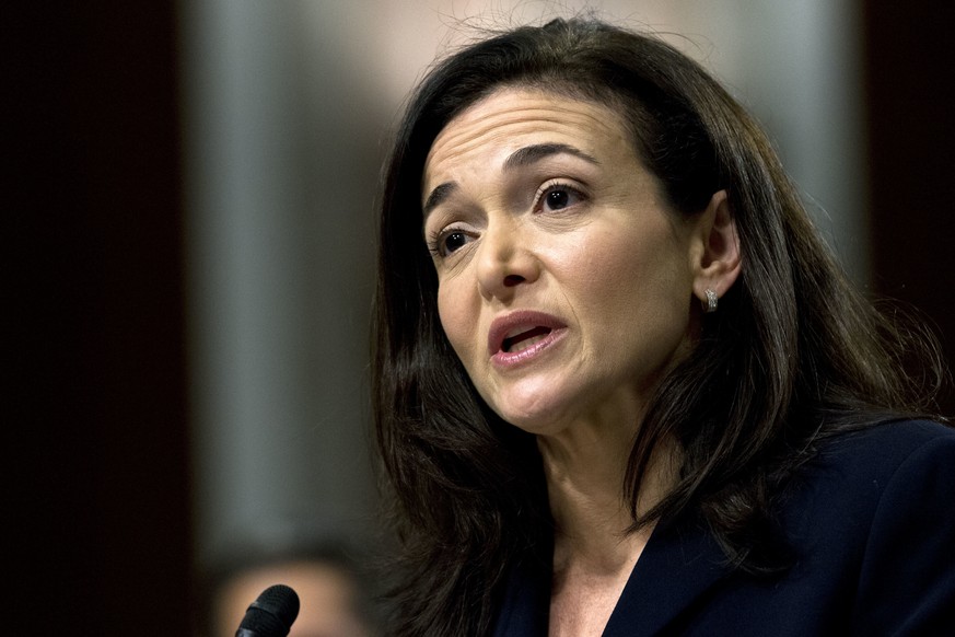 FILE- In this Sept. 5, 2018, file photo, Facebook COO Sheryl Sandberg testifies before the Senate Intelligence Committee hearing on Capitol Hill in Washington. Sandberg, the No. 2 exec at Facebook own ...