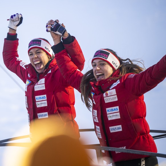 Melanie Hasler/Nadja Pasternack of Switzerland, European Championship reacts after the Women's 2-Bob World Cup in St. Moritz, Switzerland, from left to right, on Sunday, January 11, 2026. (KEYSTO ...