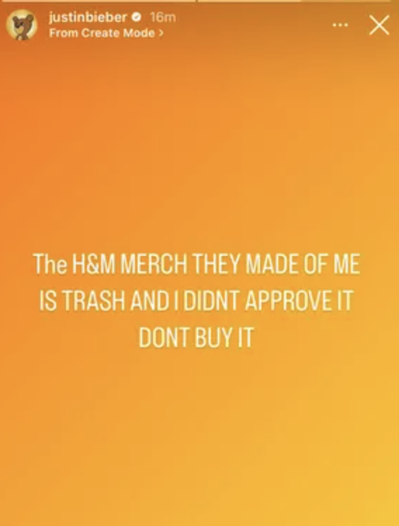 post Instragram Bieber conter H&amp;M