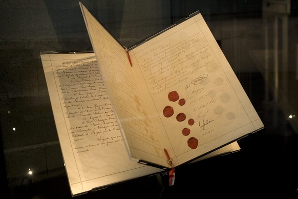 The original document of the first Geneva Convention, for the Amelioration of the Condition of the Wounded in Armies in the Field signed in 1864, is displayed at the International Red Cross and Red Cr ...