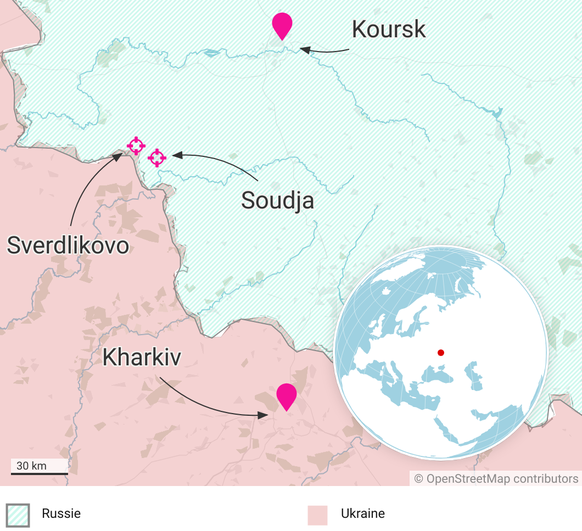 Koursk, Kharkiv, Sverdlikovo et Soudja: la carte.