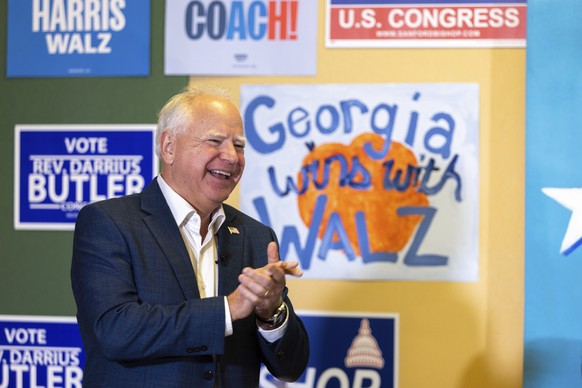 Democratic vice presidential candidate Tim Walz speaks to supporters at a Democratic campaign office in Macon, Ga., Tuesday, Sept. 17, 2024. (Arvin Temkar/Atlanta Journal-Constitution via AP)