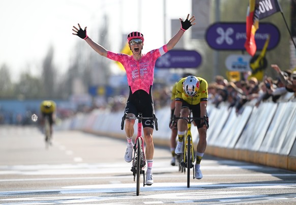 WAREGEM, BELGIUM - APRIL 02: (L-R) Neilson Powless of The United States and Team EF Education - EasyPost celebrates at finish line as race winner ahead of Wout Van Aert of Belgium and Team Visma | Lea ...