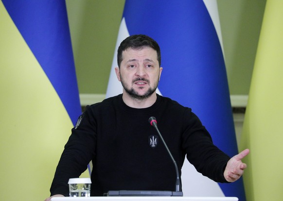 epa10513649 Ukrainian President Volodymyr Zelensky speaks at a joint press conference with the Finnish prime minister (not pictured) following their meeting in Kyiv (Kiev), Ukraine, 10 March 2023. Mar ...
