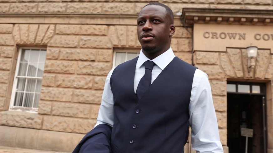 epa10122617 Manchester City and French soccer player Benjamin Mendy leaves Chester Crown Court in Chester, Britain, 15 August 2022. Mendy is facing trial for eight counts of rape, one count of sexual  ...