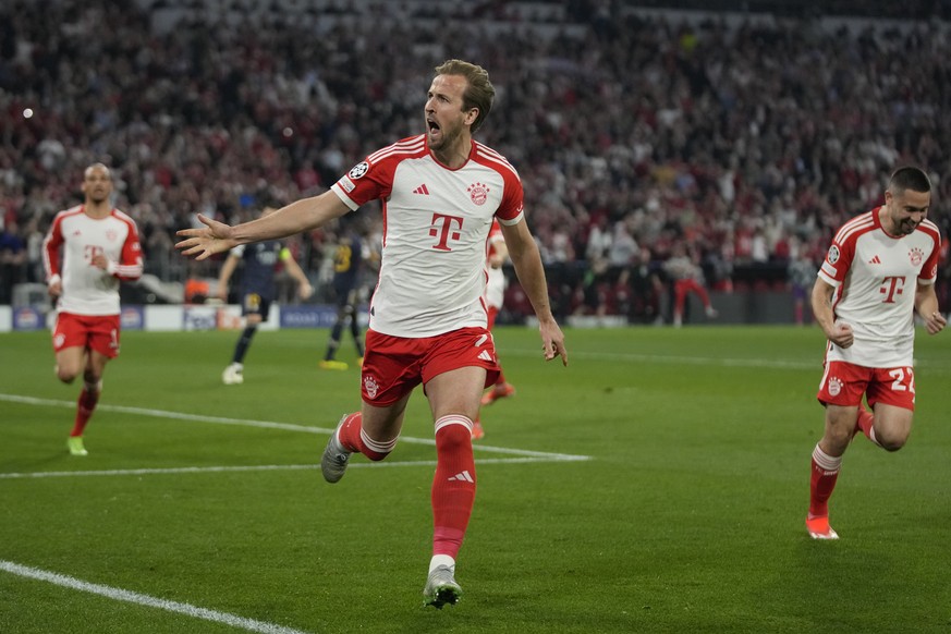 Bayern&#039;s Harry Kane celebrates after scoring his side&#039;s second goal during the Champions League semifinal first leg soccer match between Bayern Munich and Real Madrid at the Allianz Arena in ...