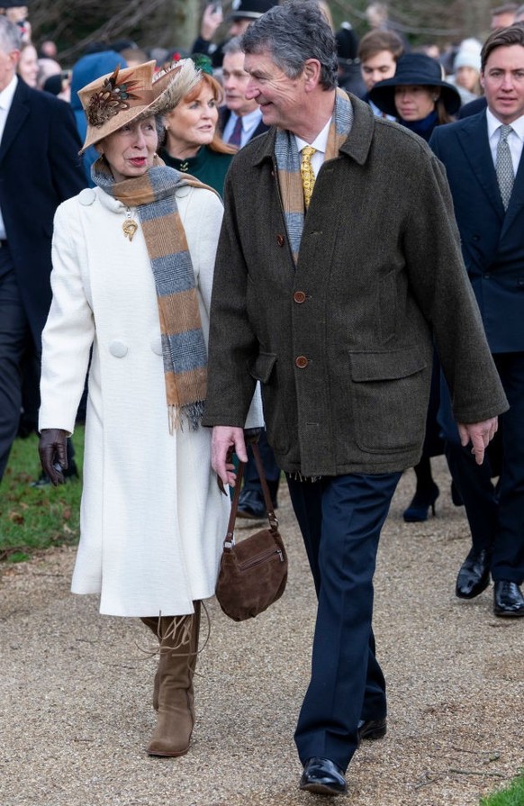 SANDRINGHAM, NORFOLK - DECEMBER 25: Timothy Laurence and Princess Anne, Princess Royal attend the Christmas Day service at St Mary Magdalene Church on December 25, 2023 in Sandringham, Norfolk. (Photo ...