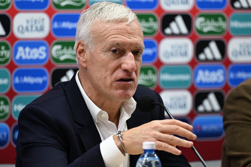 France's head coach Didier Deschamps gestures while speaking to journalists after the 2026 World Cup group D qualifying soccer match between Azerbaijan and France, in Baku, Azerbaijan, on Sunday, ...