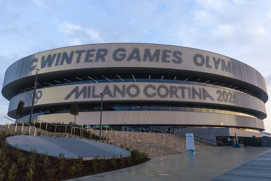 An outside view of the arena before the women's group A preliminary round game between Switzerland and United States at the 2026 Olympic Winter Games, in Milan Santagiulia Ice Hockey Arena, Italy ...