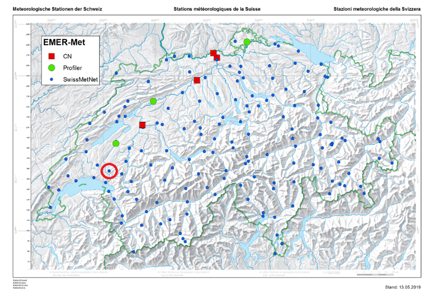 Le réseau de mesures EMER-Met avec instruments de télédétection (en vert), sites des centrales nucléaires avec stations SwissMetNet et mesures des turbulences (en rouge) et réseau de stations SwissMet ...