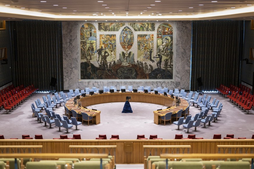 View of the room of the United Nations Security Council, on Tuesday, June 7, 2022 at the UN headquarters in New York, USA. The UN General Assembly will vote June 9 on Switzerland&#039;s candidacy to t ...